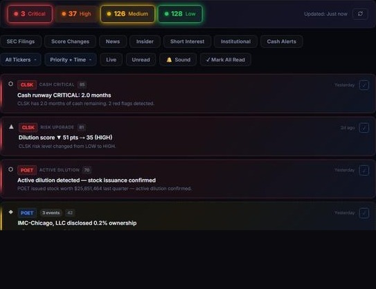 DilutionWatch Pulse live feed showing SEC filing alerts